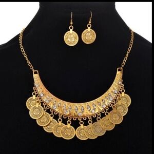 Gold Coins Bib Necklace And Earrings Set Egyptian Vintage Style
